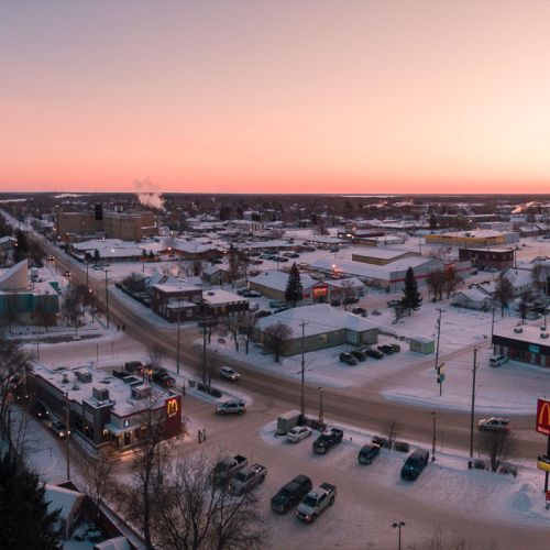 Aerial view of The Pas during the winter early in the morning