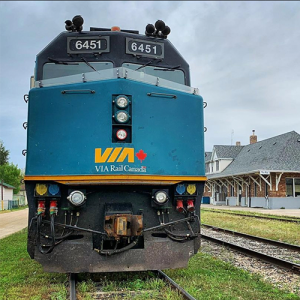 close up of a Vial Rail train at the station in The Pas