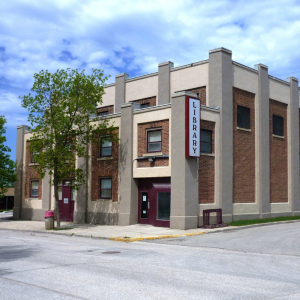 outside of the library building in summer