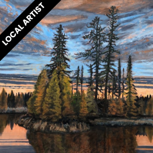 painting of boreal forest shoreline, "Local Artist"