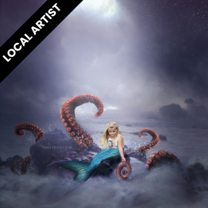 altered photography of young girls as a mermaid sitting on rocks with octopus tentacles coming up behind her, "Local Artist"