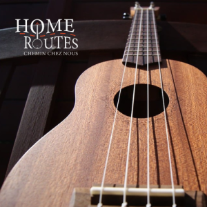 Home Routes logo on a guitar background