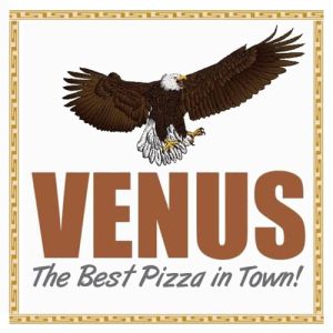 company logo of eagle "Venus, The best pizza in town!" with greek style golden frame